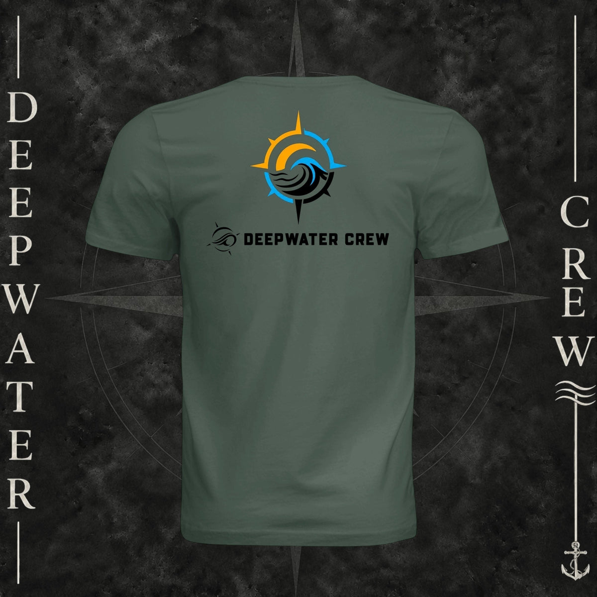 Pine Deepwater Crew Co. Horizon crewneck T-shirt, back view with compass star, sun, and wave design above Deepwater Crew lettering.