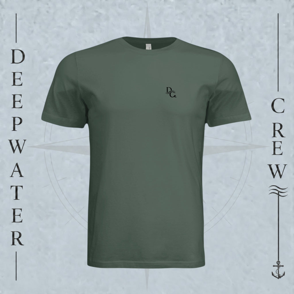 Pine Deepwater Crew Co. Horizon crewneck T-shirt, front view with small DC wave chest logo.
