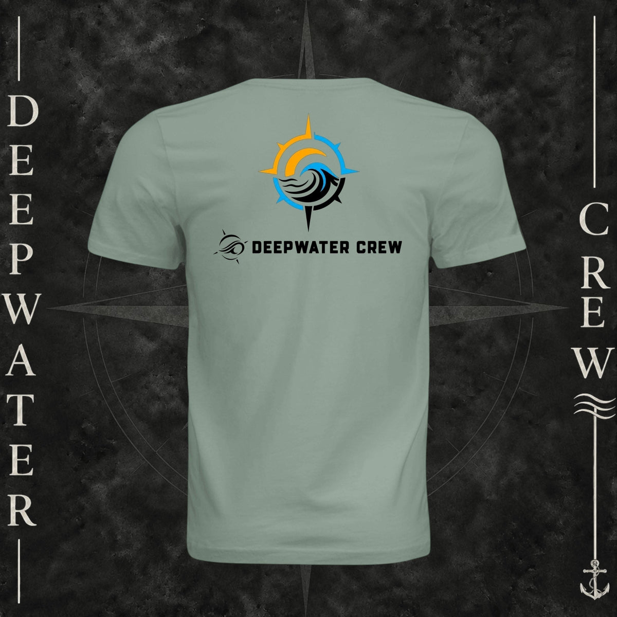 Sage Deepwater Crew Co. Horizon crewneck T-shirt, back view with compass star, sun, and wave design above Deepwater Crew lettering.