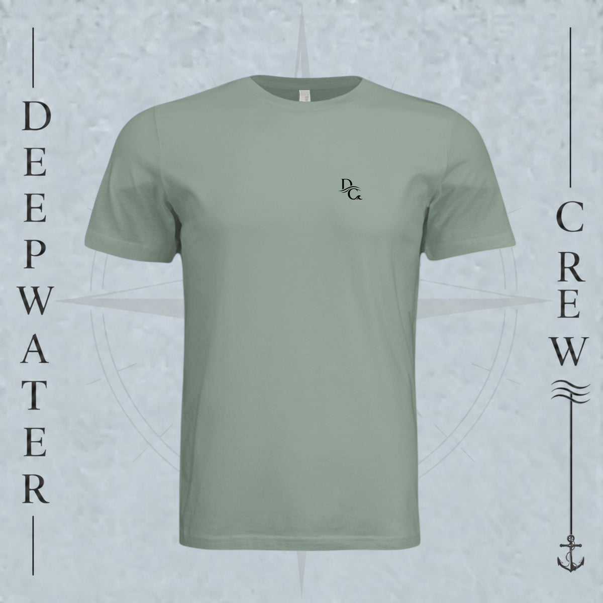 Sage Deepwater Crew Co. Horizon crewneck T-shirt, front view with small DC wave chest logo.