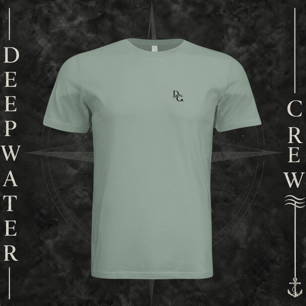 Sage Deepwater Crew Co. Horizon crewneck T-shirt, front view with small DC wave chest logo.