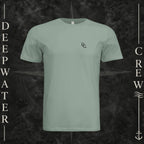 Sage Deepwater Crew Co. Horizon crewneck T-shirt, front view with small DC wave chest logo.