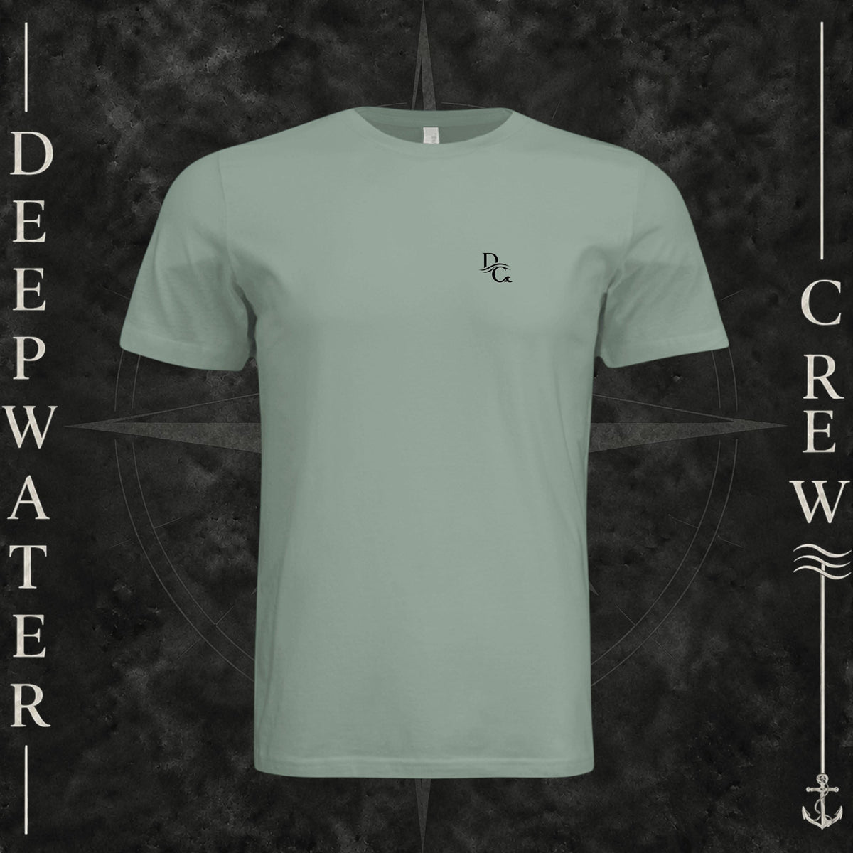 Sage Deepwater Crew Co. Horizon crewneck T-shirt, front view with small DC wave chest logo.