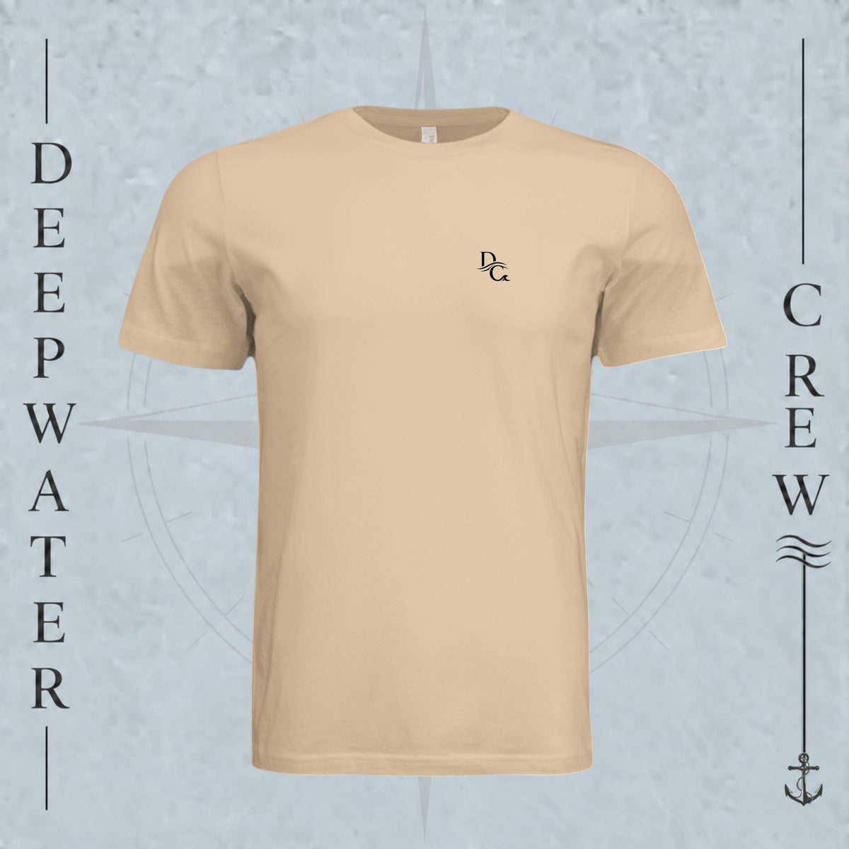 Sand Dune Deepwater Crew Co. Horizon crewneck T-shirt, front view with small DC wave chest logo.