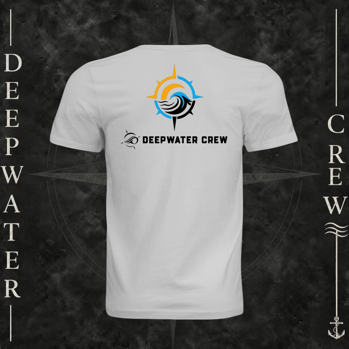 Silver Deepwater Crew Co. Horizon crewneck T-shirt, back view with compass star, sun, and wave design above Deepwater Crew lettering.