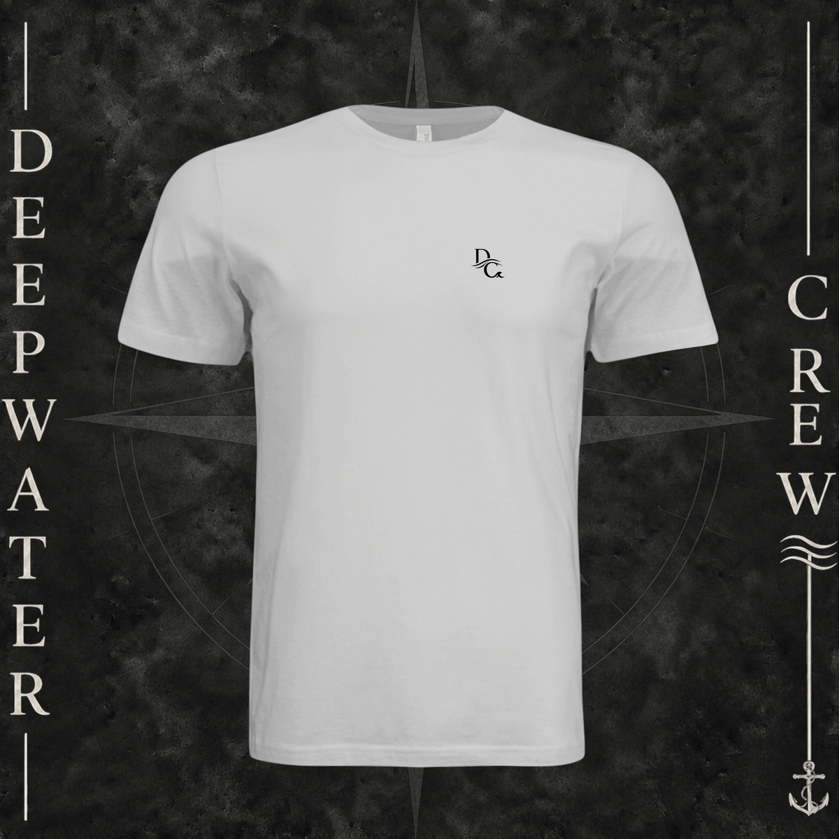 Silver Deepwater Crew Co. Horizon crewneck T-shirt, front view with small DC wave chest logo.