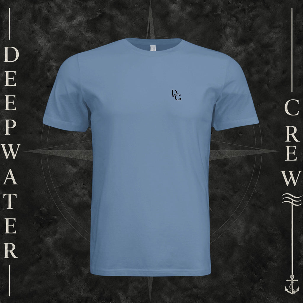 Slate Deepwater Crew Co. Horizon crewneck T-shirt, front view with small DC wave chest logo.