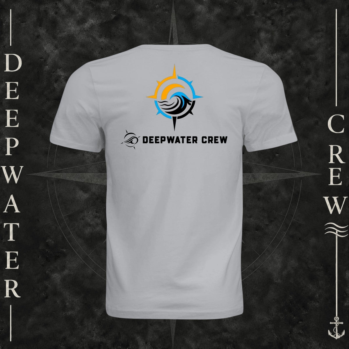 Solid Athletic Gray Deepwater Crew Co. Horizon crewneck T-shirt, back view with compass star, sun, and wave design above Deepwater Crew lettering.