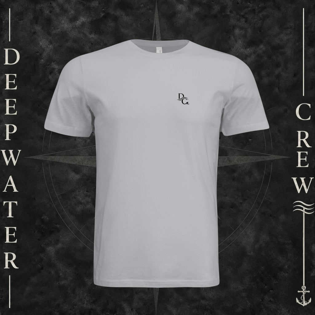 Solid Athletic Gray Deepwater Crew Co. Horizon crewneck T-shirt, front view with small DC wave chest logo.
