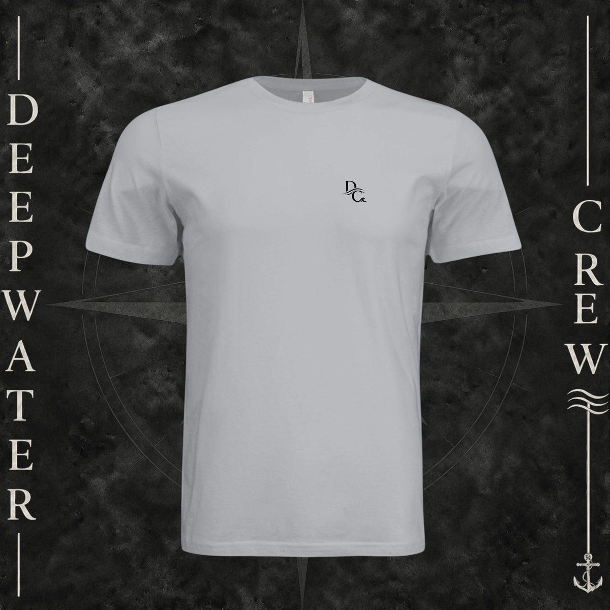 Solid Athletic Gray Deepwater Crew Co. Horizon crewneck T-shirt, front view with small DC wave chest logo.