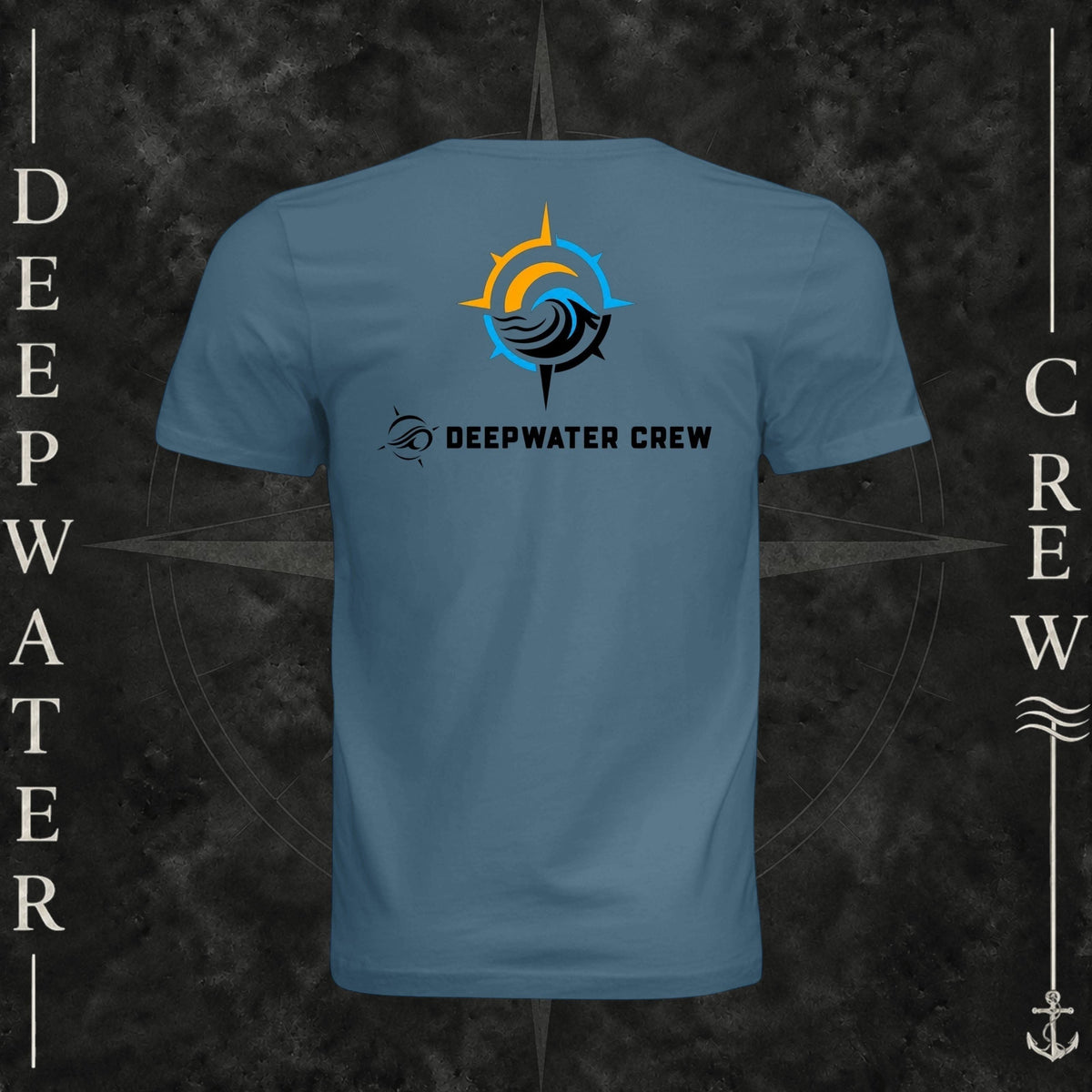 Steel Blue Deepwater Crew Co. Horizon crewneck T-shirt, back view with compass star, sun, and wave design above Deepwater Crew lettering.