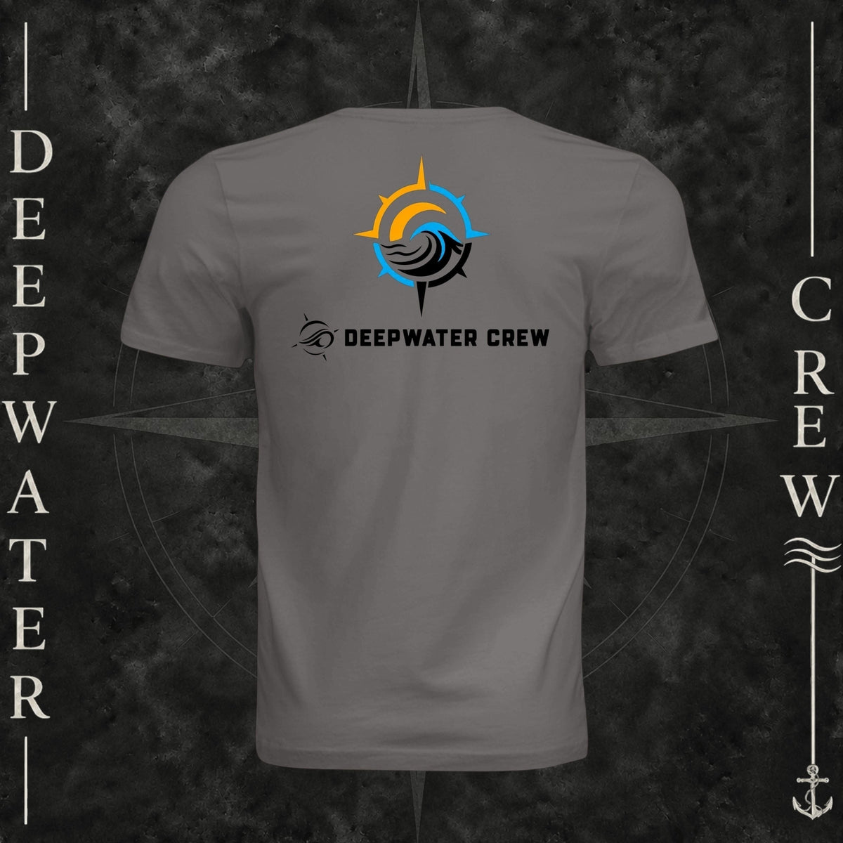 Storm Deepwater Crew Co. Horizon crewneck T-shirt, back view with compass star, sun, and wave design above Deepwater Crew lettering.