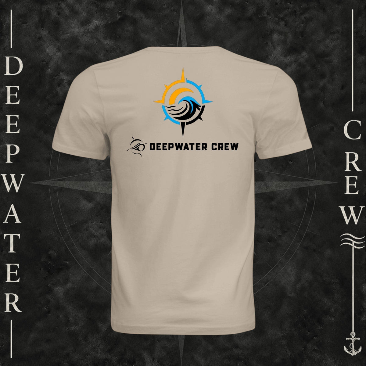 Tan Deepwater Crew Co. Horizon crewneck T-shirt, back view with compass star, sun, and wave design above Deepwater Crew lettering.