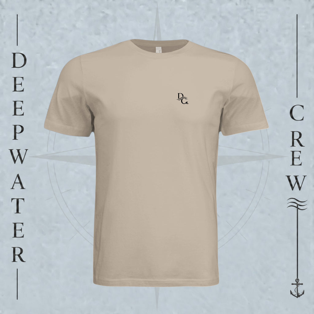 Tan Deepwater Crew Co. Horizon crewneck T-shirt, front view with small DC wave chest logo.