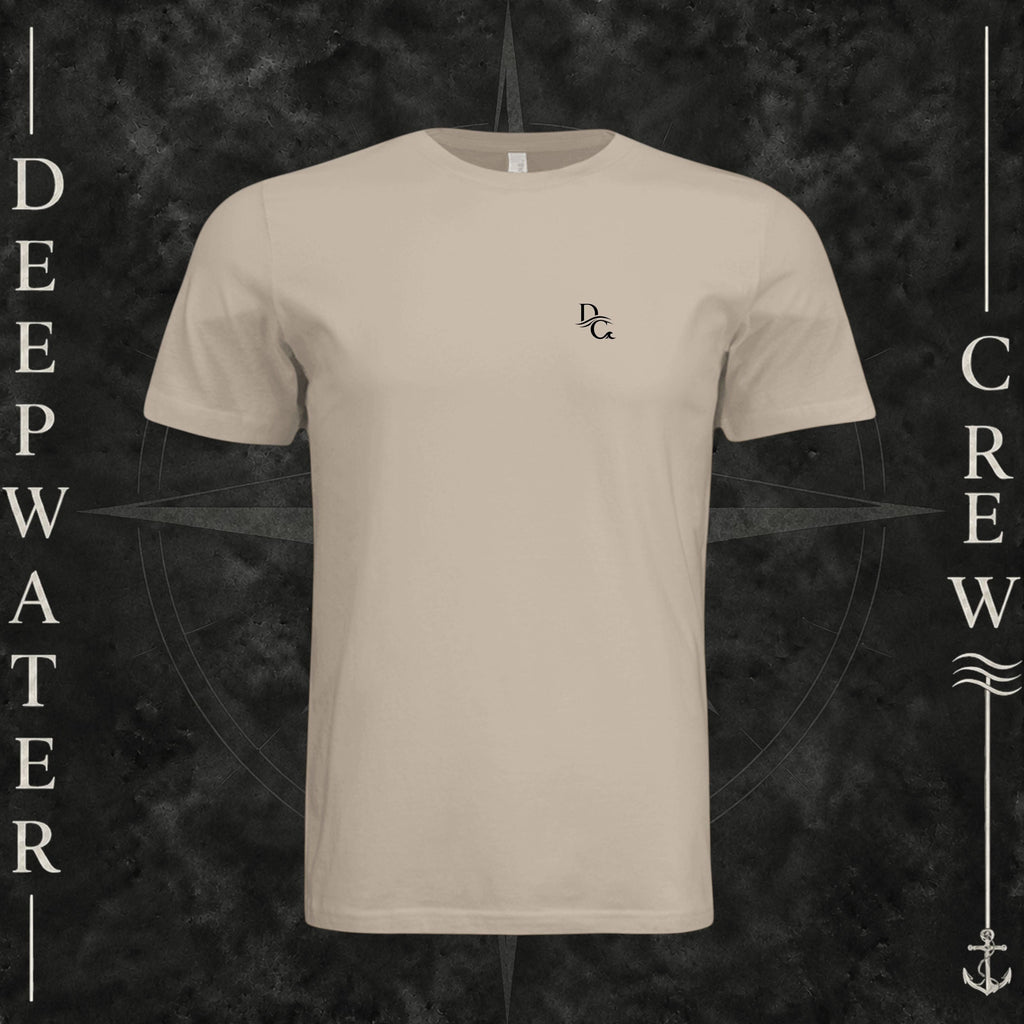 Tan Deepwater Crew Co. Horizon crewneck T-shirt, front view with small DC wave chest logo.