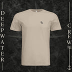 Tan Deepwater Crew Co. Horizon crewneck T-shirt, front view with small DC wave chest logo.