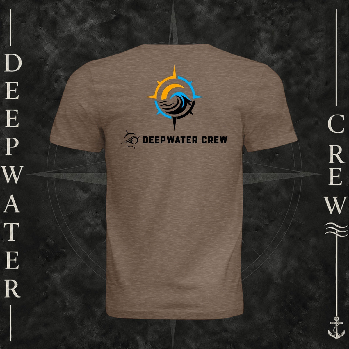Vintage Brown Deepwater Crew Co. Horizon crewneck T-shirt, back view with compass star, sun, and wave design above Deepwater Crew lettering.
