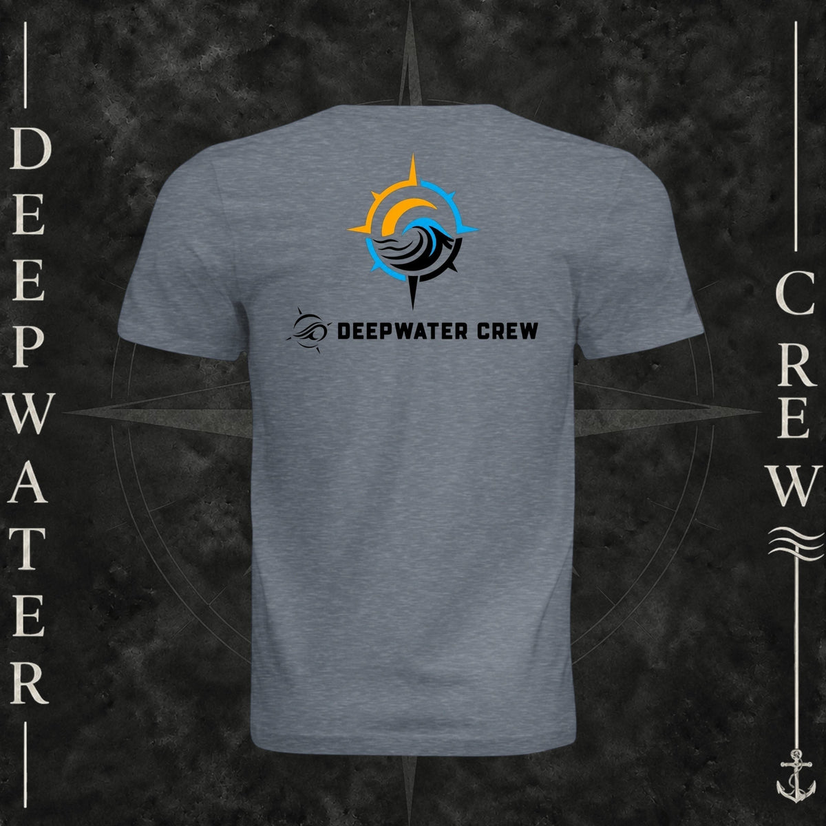 Vintage Denim Deepwater Crew Co. Horizon crewneck T-shirt, back view with compass star, sun, and wave design above Deepwater Crew lettering.