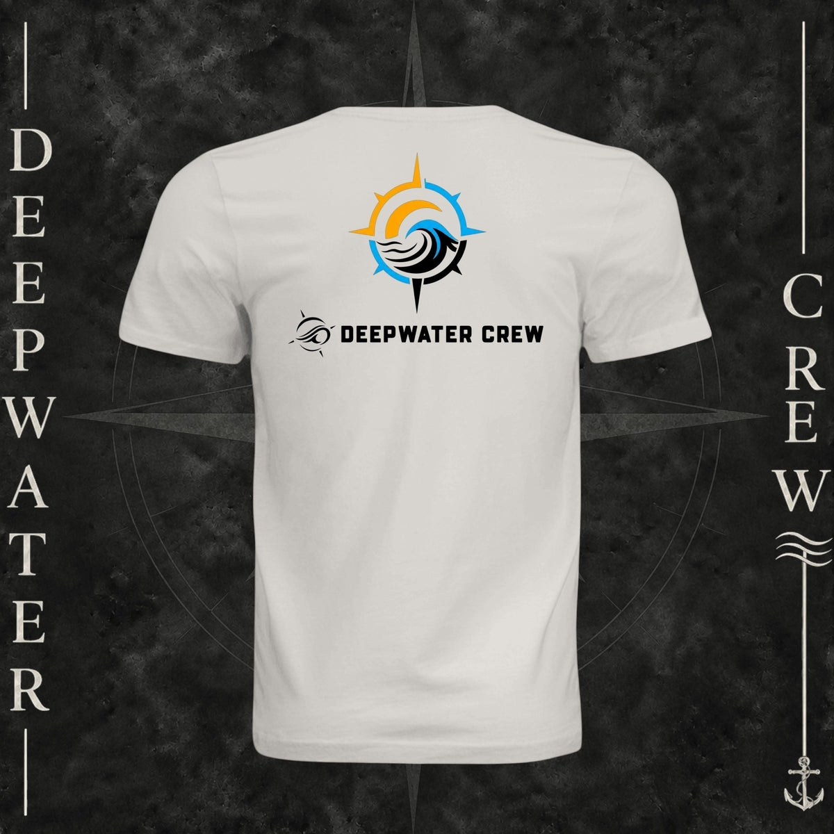 Vintage White Deepwater Crew Co. Horizon crewneck T-shirt, back view with compass star, sun, and wave design above Deepwater Crew lettering.