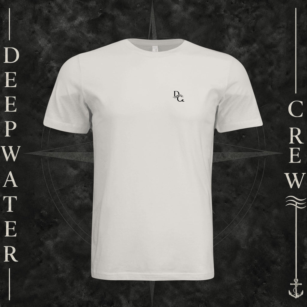 Vintage White Deepwater Crew Co. Horizon crewneck T-shirt, front view with small DC wave chest logo.