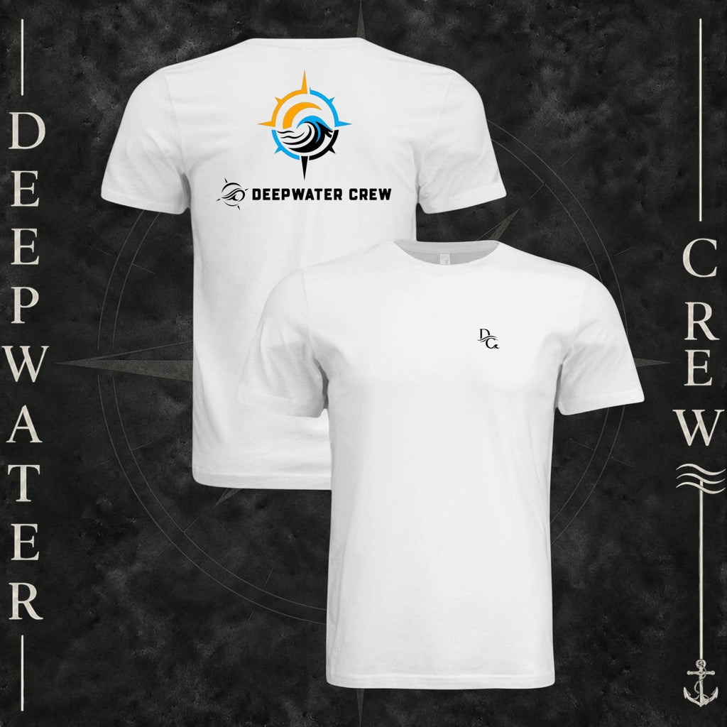 White Deepwater Crew Co. Horizon crewneck T-shirt showing front and back views, with small DC wave chest logo and compass star, sun, and wave design above Deepwater Crew lettering.