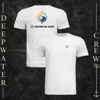 White Deepwater Crew Co. Horizon crewneck T-shirt showing front and back views, with small DC wave chest logo and compass star, sun, and wave design above Deepwater Crew lettering.