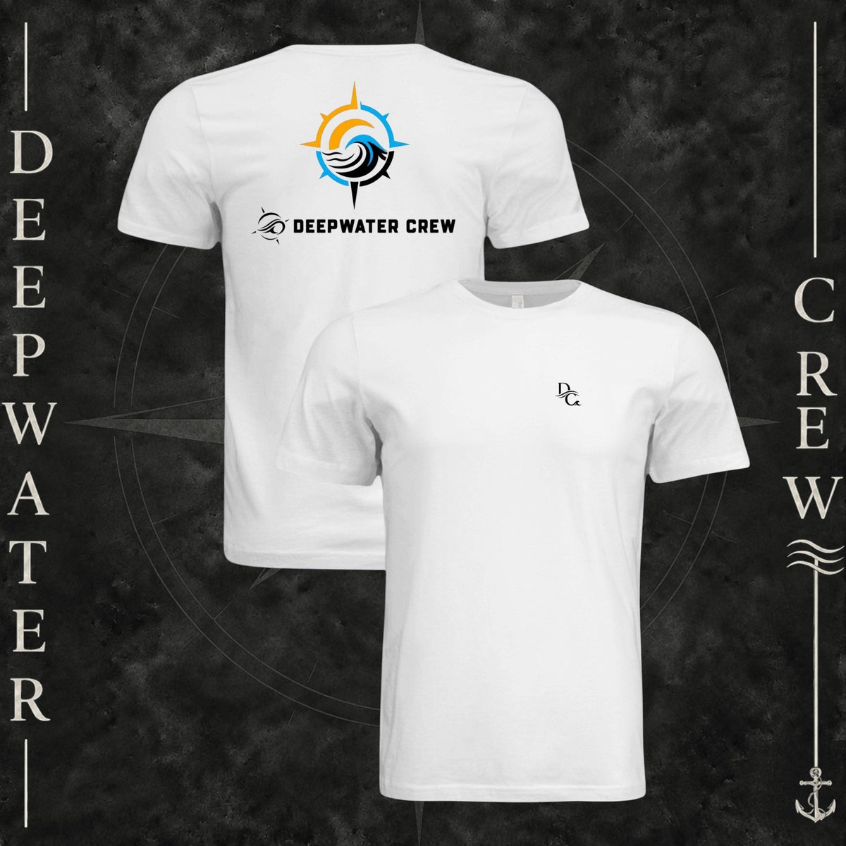 White Deepwater Crew Co. Horizon crewneck T-shirt showing front and back views, with small DC wave chest logo and compass star, sun, and wave design above Deepwater Crew lettering.