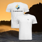 White Deepwater Crew Co. Horizon crewneck T-shirt showing front and back views, with small DC wave chest logo and compass star, sun, and wave design above Deepwater Crew lettering. With a breaking wave and sunset background
