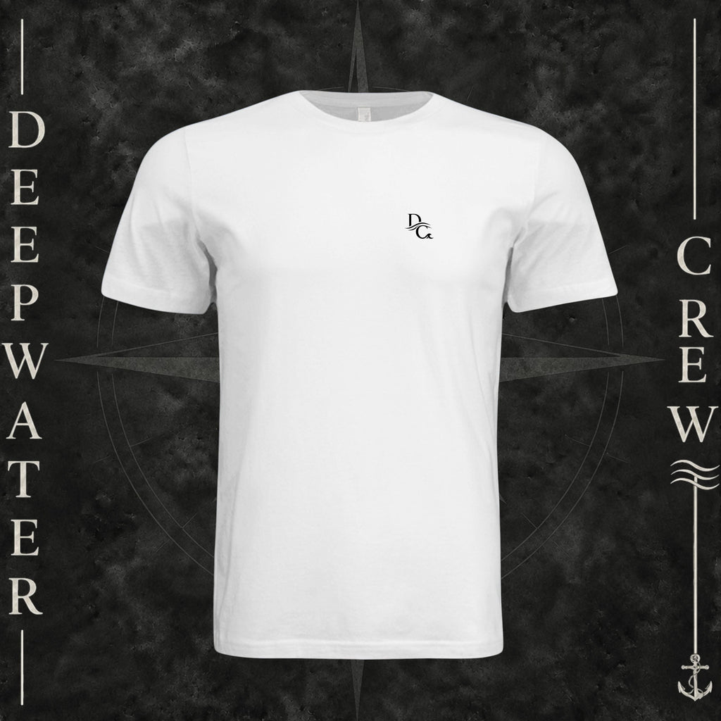 White Deepwater Crew Co. Horizon crewneck T-shirt, front view with small DC wave chest logo.