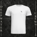 White Deepwater Crew Co. Horizon crewneck T-shirt, front view with small DC wave chest logo.