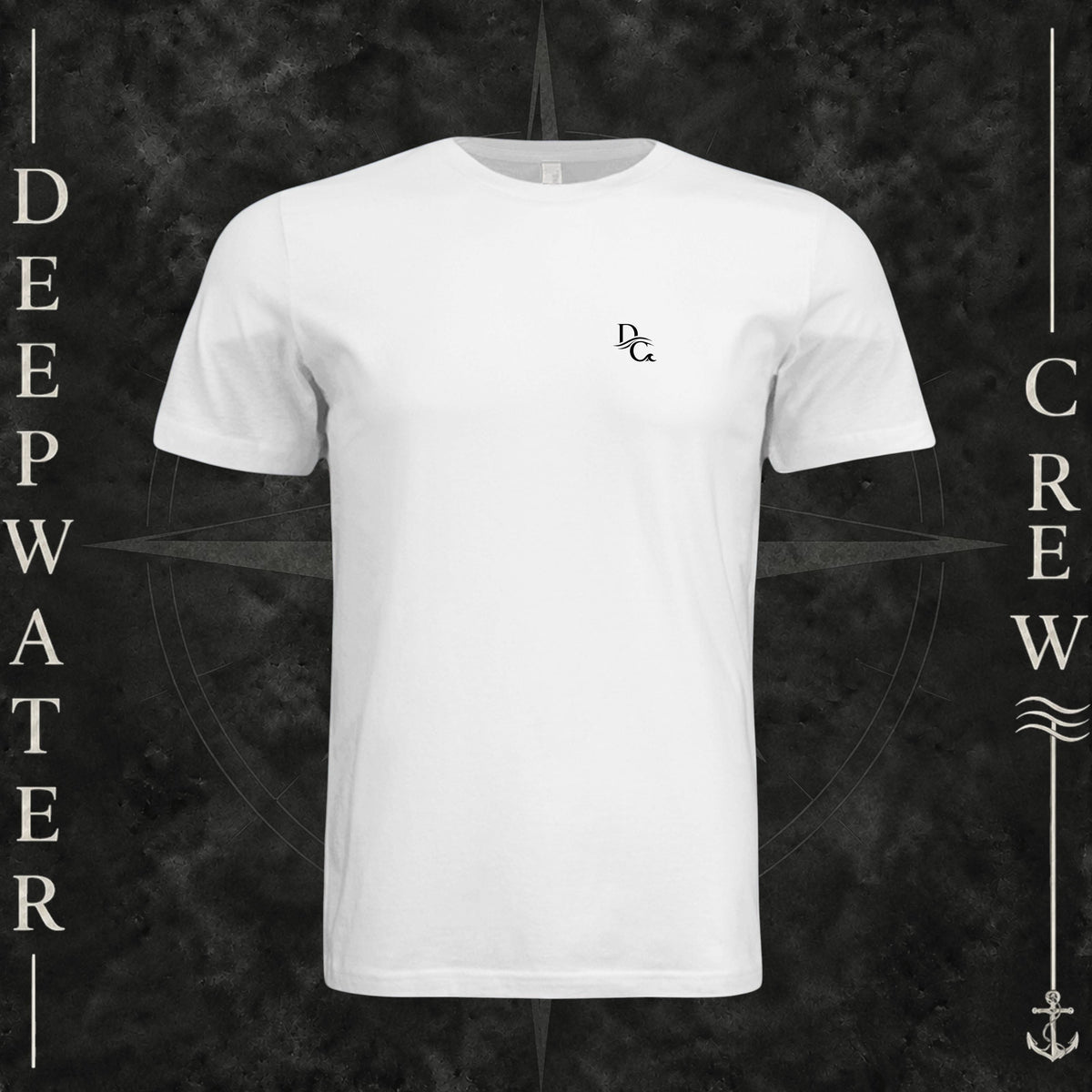 White Deepwater Crew Co. Horizon crewneck T-shirt, front view with small DC wave chest logo.