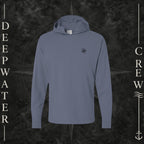Anchor Slate Deepwater Crew Co. Keep Sailing cotton hooded long-sleeve T-shirt, front view with small wave crest chest logo.