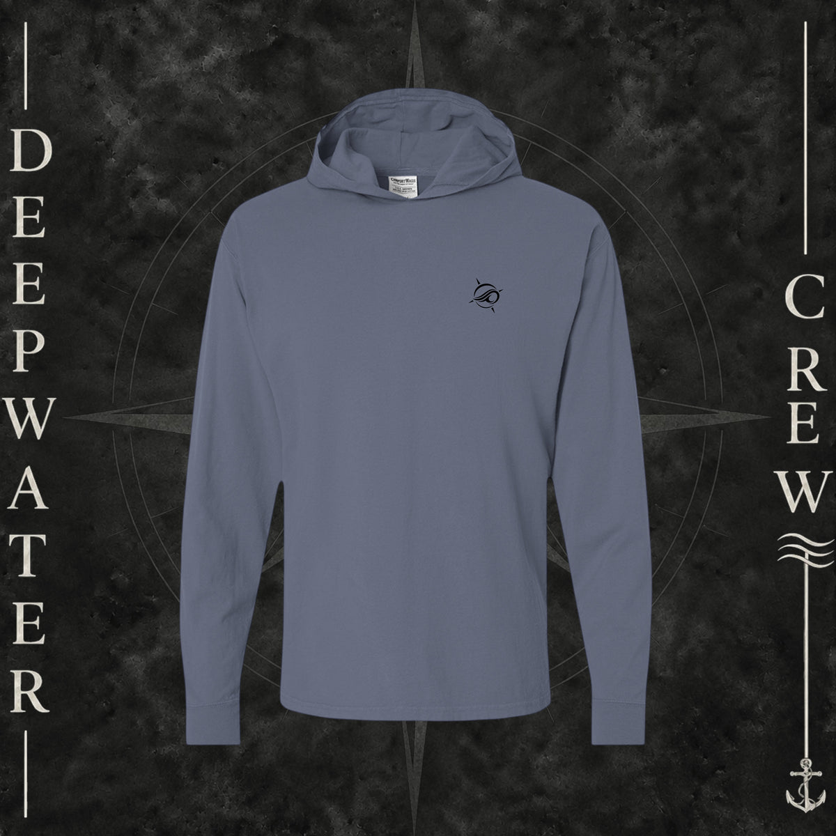 Anchor Slate Deepwater Crew Co. Keep Sailing cotton hooded long-sleeve T-shirt, front view with small wave crest chest logo.