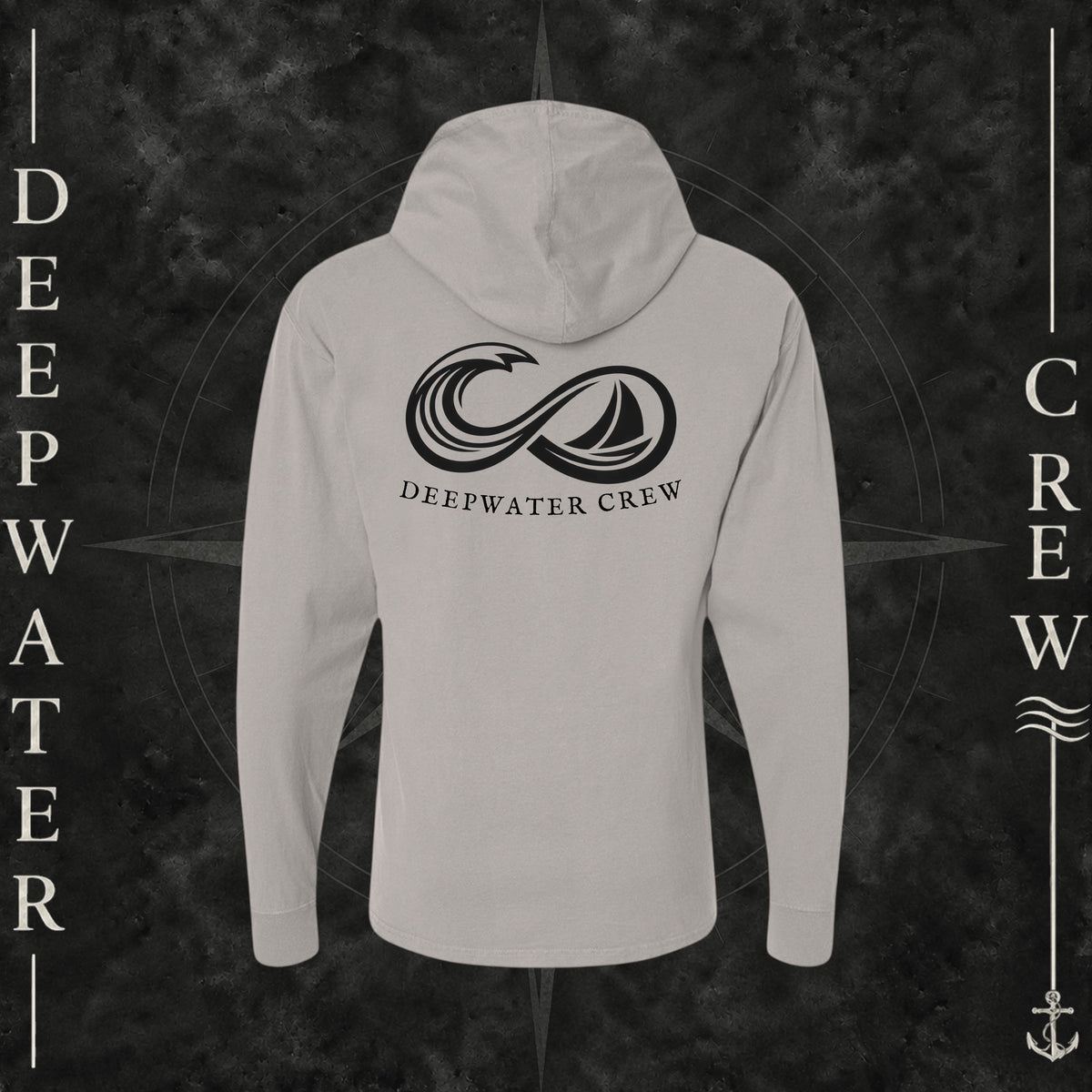 Concrete Gray Deepwater Crew Co. Keep Sailing cotton hooded long-sleeve T-shirt, back view with large infinity-style ocean wave and sailboat graphic above Deepwater Crew lettering.