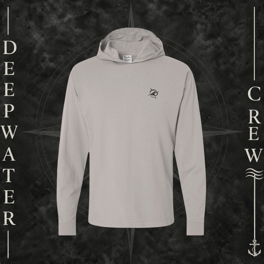 Concrete Gray Deepwater Crew Co. Keep Sailing cotton hooded long-sleeve T-shirt, front view with small wave crest chest logo.
