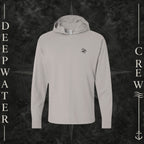 Concrete Gray Deepwater Crew Co. Keep Sailing cotton hooded long-sleeve T-shirt, front view with small wave crest chest logo.