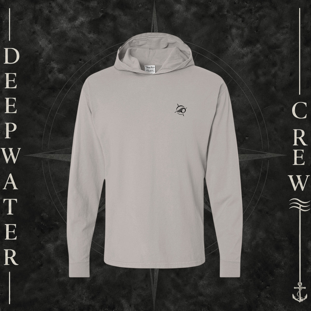 Concrete Gray Deepwater Crew Co. Keep Sailing cotton hooded long-sleeve T-shirt, front view with small wave crest chest logo.