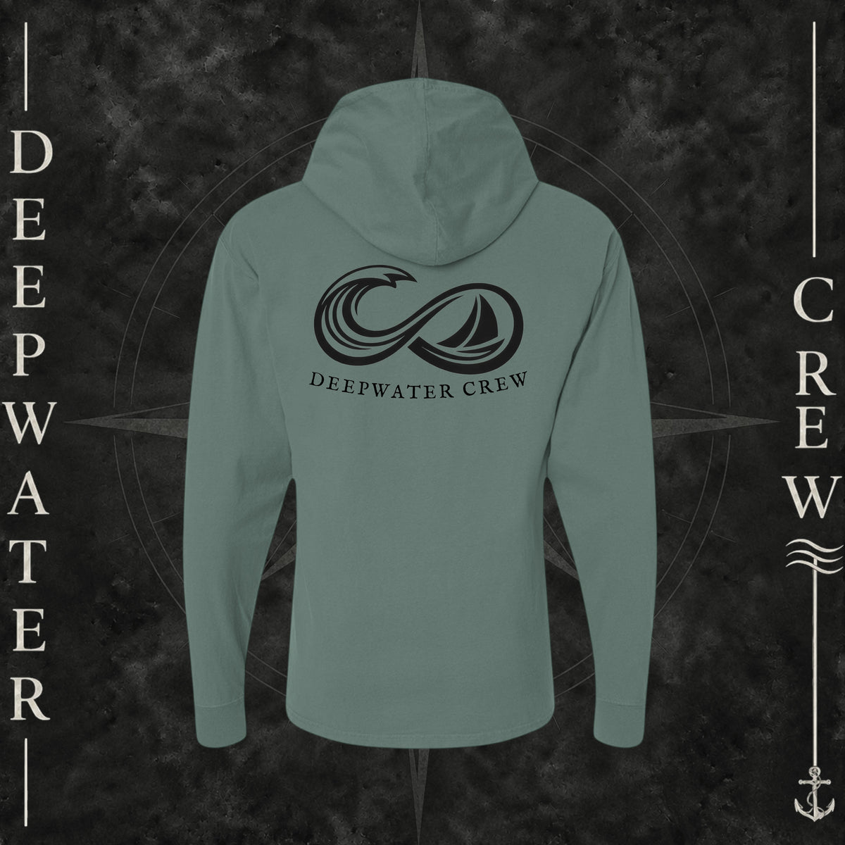 Cypress Green Deepwater Crew Co. Keep Sailing cotton hooded long-sleeve T-shirt, back view with large infinity-style ocean wave and sailboat graphic above Deepwater Crew lettering.