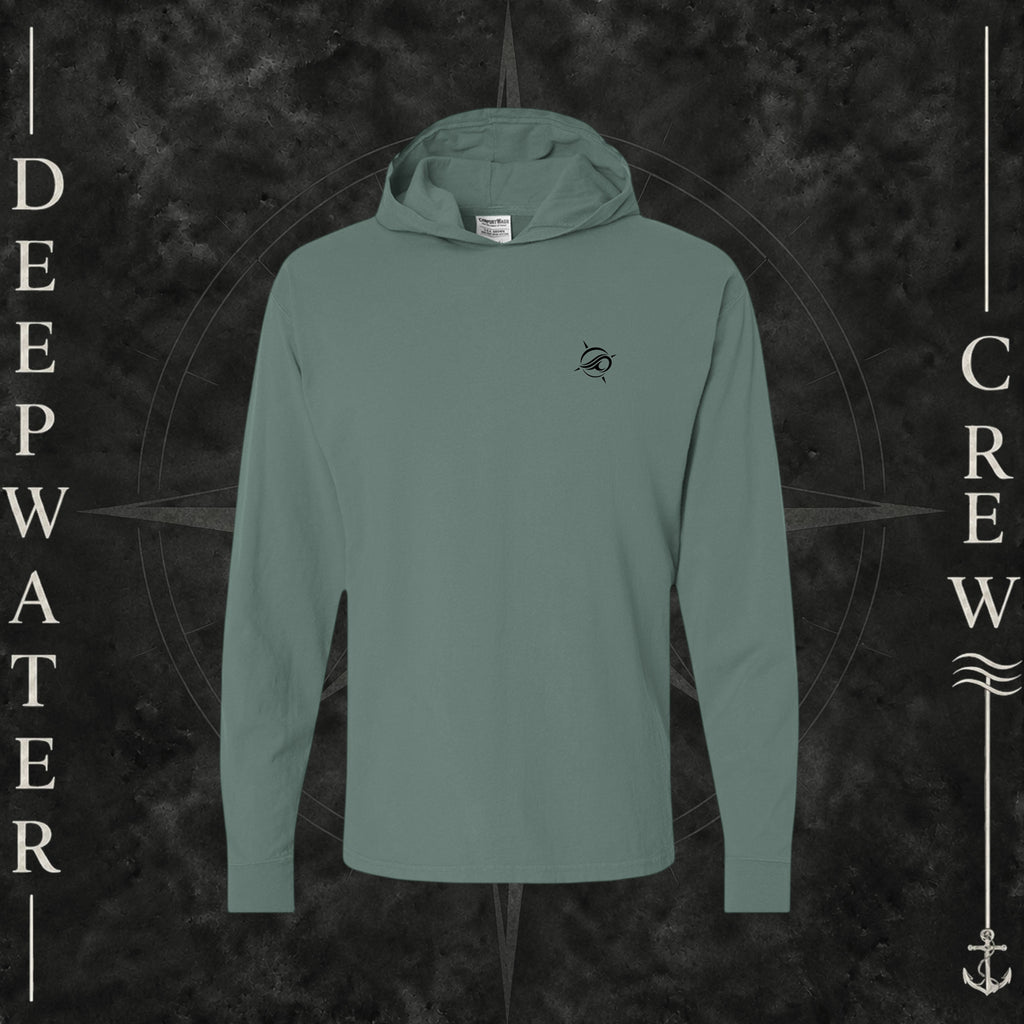 Cypress Green Deepwater Crew Co. Keep Sailing cotton hooded long-sleeve T-shirt, front view with small wave crest chest logo.