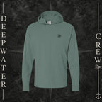 Cypress Green Deepwater Crew Co. Keep Sailing cotton hooded long-sleeve T-shirt, front view with small wave crest chest logo.