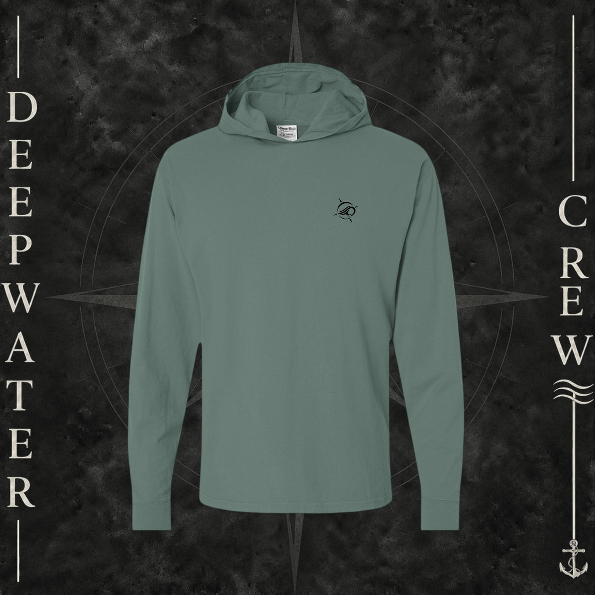 Cypress Green Deepwater Crew Co. Keep Sailing cotton hooded long-sleeve T-shirt, front view with small wave crest chest logo.