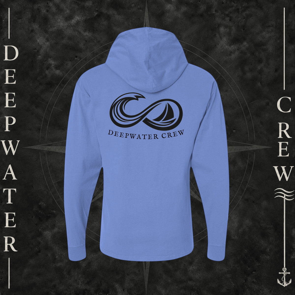 Deep Forte Blue Deepwater Crew Co. Keep Sailing cotton hooded long-sleeve T-shirt, back view with large infinity-style ocean wave and sailboat graphic above Deepwater Crew lettering.