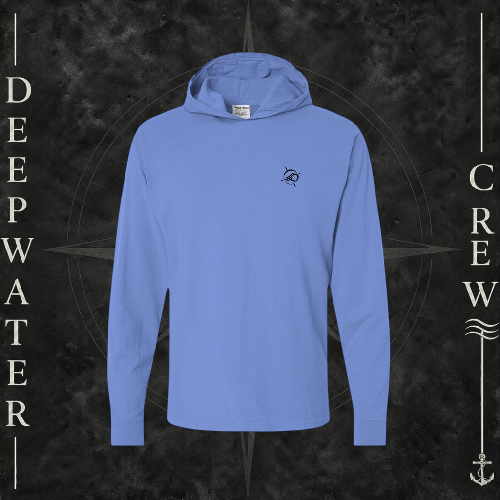 Deep Forte Blue Deepwater Crew Co. Keep Sailing cotton hooded long-sleeve T-shirt, front view with small wave crest chest logo.