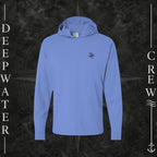 Deep Forte Blue Deepwater Crew Co. Keep Sailing cotton hooded long-sleeve T-shirt, front view with small wave crest chest logo.