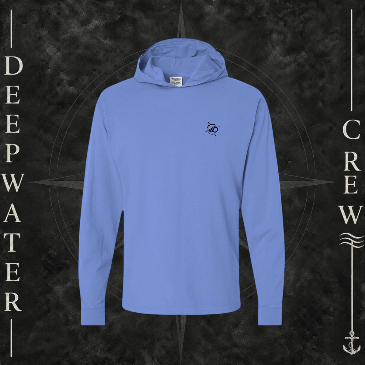 Deep Forte Blue Deepwater Crew Co. Keep Sailing cotton hooded long-sleeve T-shirt, front view with small wave crest chest logo.
