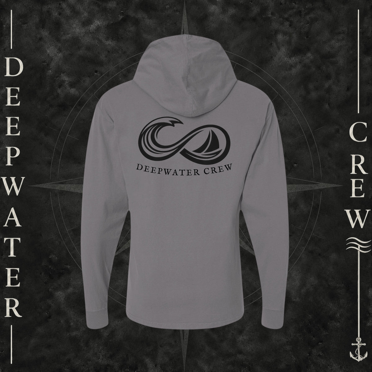New Railroad Gry Deepwater Crew Co. Keep Sailing cotton hooded long-sleeve T-shirt, back view with large infinity-style ocean wave and sailboat graphic above Deepwater Crew lettering.