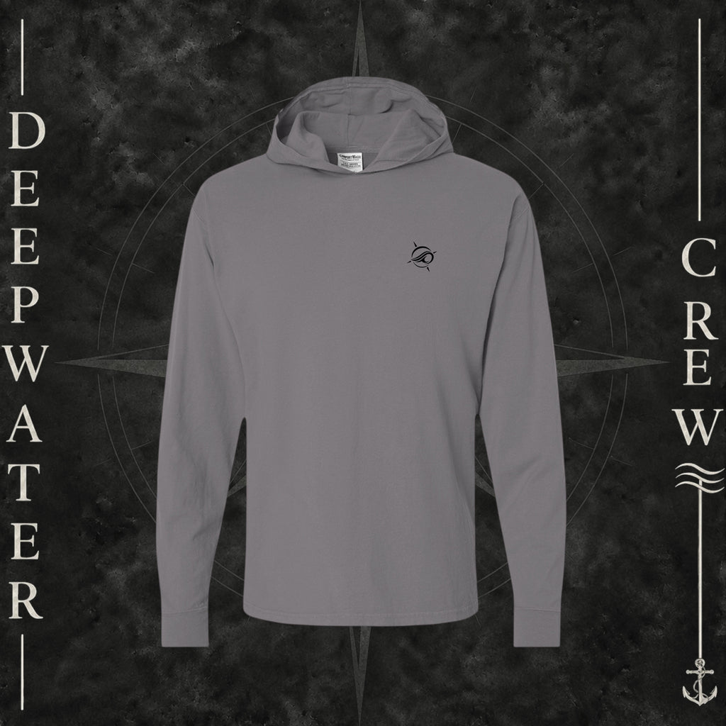 New Railroad Gry Deepwater Crew Co. Keep Sailing cotton hooded long-sleeve T-shirt, front view with small wave crest chest logo.