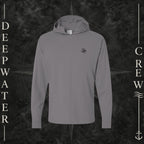 New Railroad Gry Deepwater Crew Co. Keep Sailing cotton hooded long-sleeve T-shirt, front view with small wave crest chest logo.
