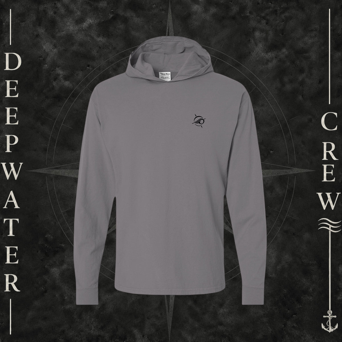 New Railroad Gry Deepwater Crew Co. Keep Sailing cotton hooded long-sleeve T-shirt, front view with small wave crest chest logo.