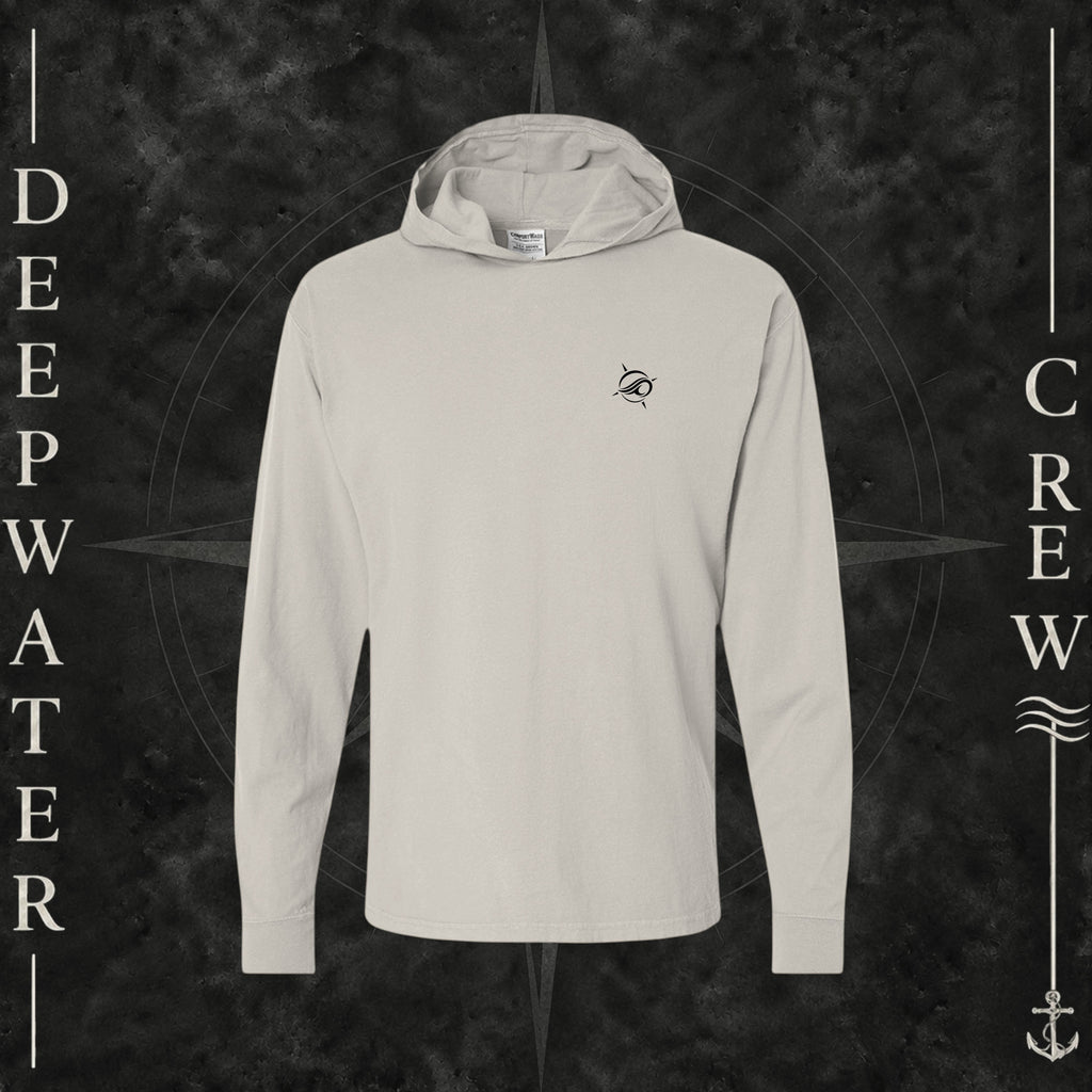 Parchment Deepwater Crew Co. Keep Sailing cotton hooded long-sleeve T-shirt, front view with small wave crest chest logo.